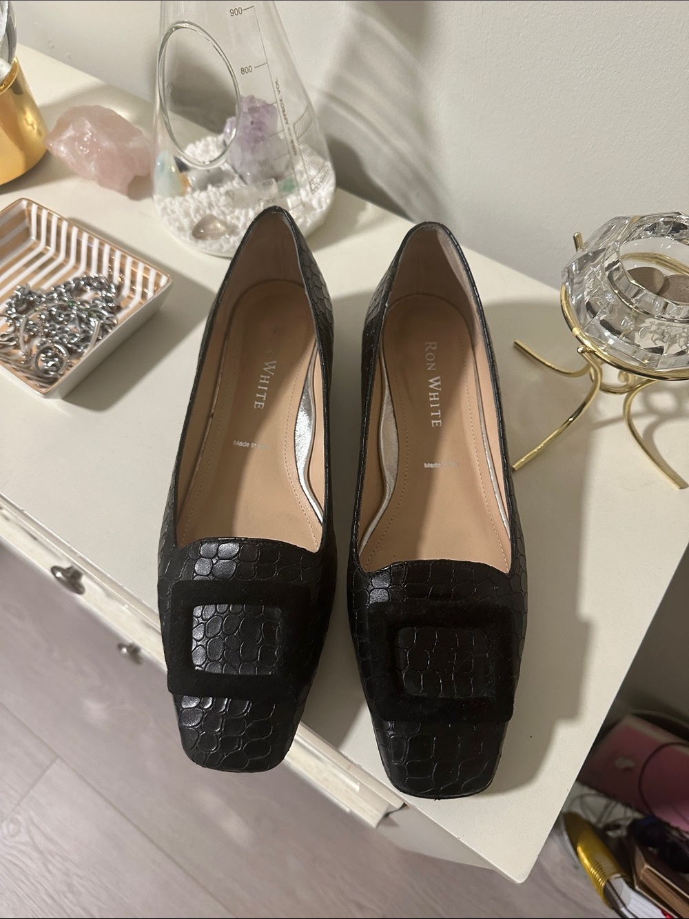 Ron White Black Croc-Embossed Square-Toe Heels